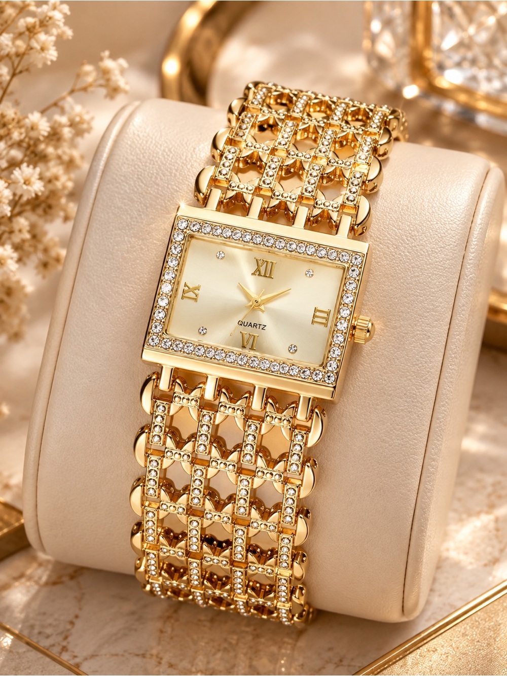 Gold Tone Rhinestone Rectangle Quartz Watch Roman Numeral Statement Bracelet